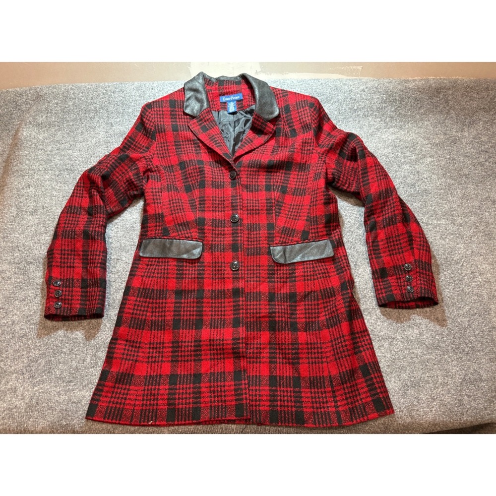 Vintage Evan-Picone Women's 12 Red Black Plaid Wool Blend Blazer Jacket